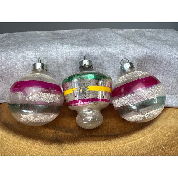 Vintage Glass Christmas Ornaments Set of 3 Hand-Painted Stripes Made in U.S.A. - Picture 1 of 13